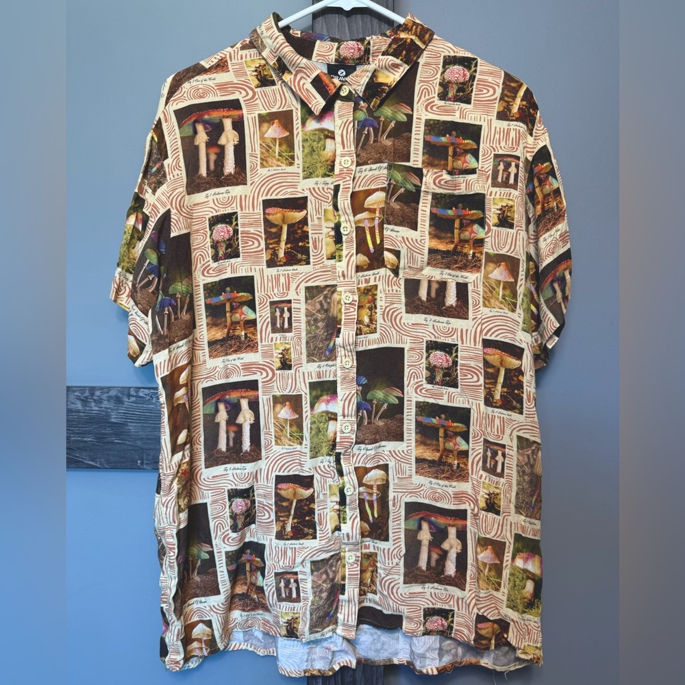 Soft, unisex button up shirt with mushrooms from Box Lunch.